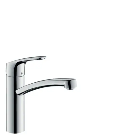 Chromfarbener Spültischmischer von Hansgrohe mit einem geschwungenen Auslauf und einem ergonomischen Hebel zur Wasserregulierung.